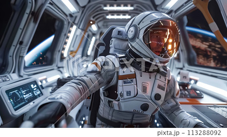 An astronaut in spacesuit with the latest sensors and HUD data signals flies in zero gravity inside spaceship against the background of huge window 113288092