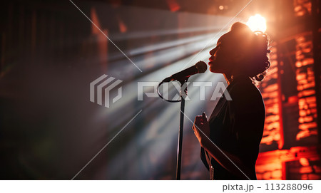 A soulful jazz black singer performs emotionally on a stage with dim lighting, her face softly illuminated by a spotlight, a warm stage atmosphere A soulful jazz black singer performs emotionally on a stage with dim lighting, her face softly illuminated by a spotlight, a warm stage atmosphere 113288096