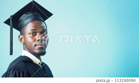 Confident African American graduate wearing traditional bachelor's cap and gown, blue background. Graduation from an educational institution Confident African American graduate wearing traditional bachelor's cap and gown, blue background. Graduation from an educational institution 113288098