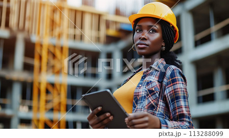 Confident female civil engineer with drawings on a busy construction site, showing leadership and experience in the field. Women's work and professionalism, equality Confident female civil engineer with drawings on a busy construction site, showing leadership and experience in the field. Women's work and professionalism, equality 113288099
