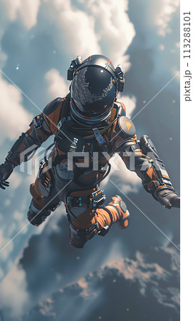 An astronaut hovers in space weightlessness against background of blue sky. A horizontal frame. The concept of exploring intergalactic space An astronaut hovers in space weightlessness against background of blue sky. A horizontal frame. The concept of exploring intergalactic space 113288101