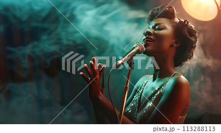 A soulful jazz black singer performs emotionally on a stage with dim lighting, her face softly illuminated by a spotlight, a warm stage atmosphere 113288113