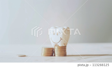Ceramic model of a human tooth with a smile and eyes and a stack of coins, light background copy space. Expensive dental services and professional medical treatment Ceramic model of a human tooth with a smile and eyes and a stack of coins, light background copy space. Expensive dental services and professional medical treatment 113288125