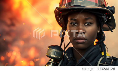 A striking portrait of dark-skinned female firefighter, her gaze reflects courage and resilience amid the flames. Women's professions A striking portrait of dark-skinned female firefighter, her gaze reflects courage and resilience amid the flames. Women's professions 113288126