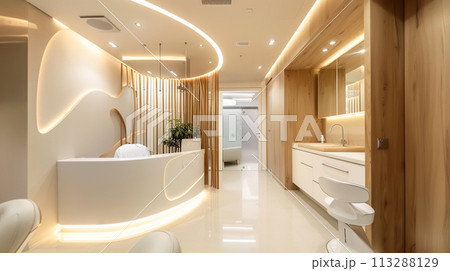 An modern medical clinic interior in futuristic design, with sleek curved structures, ambient lighting modern furniture. Design conveys high-tech, clean and sterile environment with cozy atmosphere 113288129
