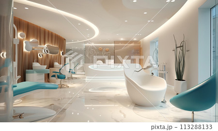 Ultra-modern dental clinic interior in futuristic design, with sleek curved structures, ambient lighting modern furniture. Design conveys high-tech, clean and sterile environment with cozy atmosphere 113288133