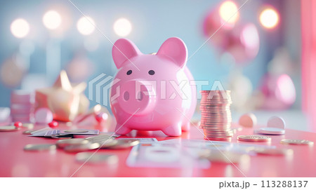 A cheerful pink piggy bank surrounded by floating money, coins and colorful balloons depicting financial goals and pink dreams A cheerful pink piggy bank surrounded by floating money, coins and colorful balloons depicting financial goals and pink dreams 113288137