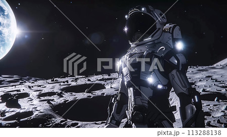 An astronaut in spacesuit stands on surface of Moon, in background rises Earth, illuminated by distant sun. Concept of exploring the galaxy 113288138