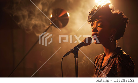 A soulful jazz black singer performs emotionally on a stage with dim lighting, her face softly illuminated by a spotlight, a warm stage atmosphere A soulful jazz black singer performs emotionally on a stage with dim lighting, her face softly illuminated by a spotlight, a warm stage atmosphere 113288152