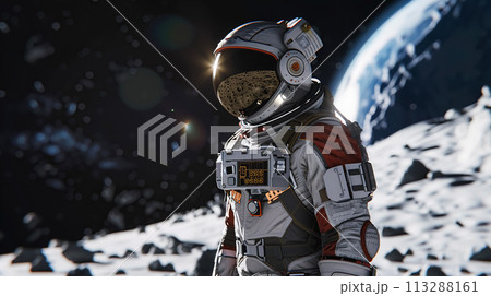 An astronaut in spacesuit stands on surface of Moon, in background rises Earth, illuminated by distant sun. Concept of exploring the galaxy An astronaut in spacesuit stands on surface of Moon, in background rises Earth, illuminated by distant sun. Concept of exploring the galaxy 113288161