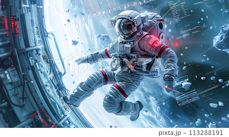 An astronaut in spacesuit with the latest sensors and HUD data signals flies in zero gravity inside spaceship against the background of huge window 113288191