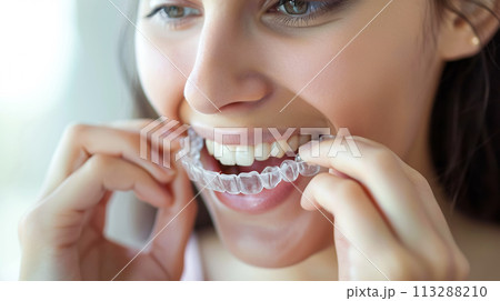A woman puts on an invisible silicone aligner for her teeth. Bite Correction Braces Orthodontic Silicone Transparent Teeth Aligner 113288210