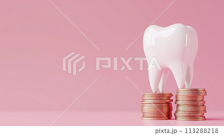 Ceramic model of a human tooth and a stack of coins, pink background copy space. Expensive dental services and professional medical treatment Ceramic model of a human tooth and a stack of coins, pink background copy space. Expensive dental services and professional medical treatment 113288218