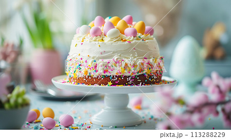 Colorfully decorated Easter cake with icing and sprinkles surrounded by pastel colored eggs on cake stand holiday table 113288229