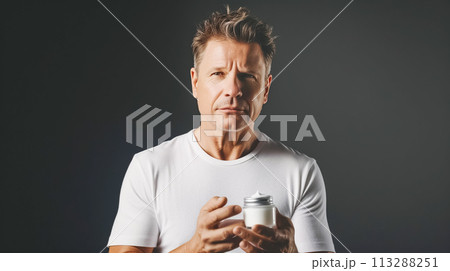 A mature man smiles, holding out a jar of moisturizer, symbolizing skin care at any age. Soft masculinity, daily self-care, men's cosmetology 113288251