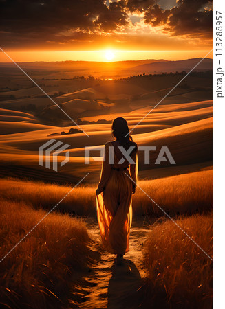 夕暮れの丘に立つ女性 113288957