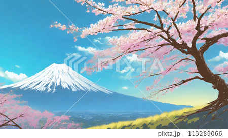 満開の桜と富士山 113289066
