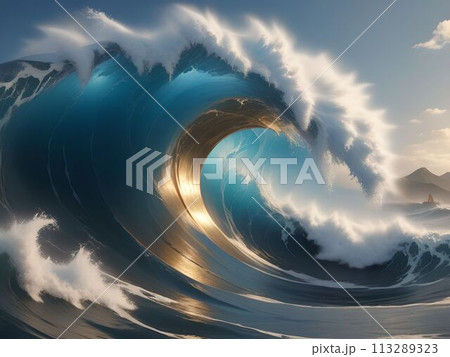 金色に輝く大波のイラスト素材 [113289323] - PIXTA