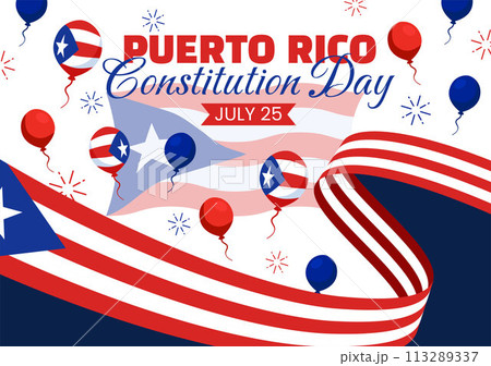 Happy Puerto Rico Constitution Day Vector Illustration on 25 July with Waving Flag and Ribbon in National Holiday Flat Cartoon Background Design 113289337
