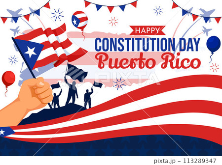 Happy Puerto Rico Constitution Day Vector Illustration on 25 July with Waving Flag and Ribbon in National Holiday Flat Cartoon Background Design Happy Puerto Rico Constitution Day Vector Illustration on 25 July with Waving Flag and Ribbon in National Holiday Flat Cartoon Background Design 113289347