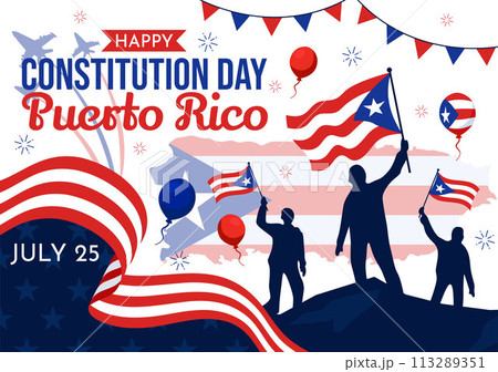 Happy Puerto Rico Constitution Day Vector Illustration on 25 July with Waving Flag and Ribbon in National Holiday Flat Cartoon Background Design 113289351