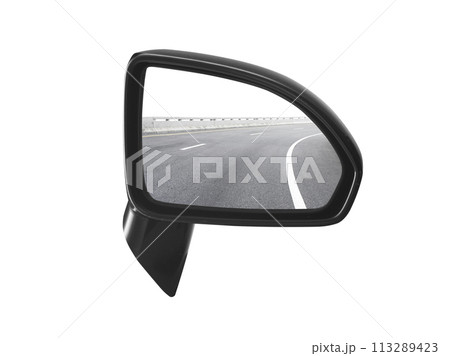 A rear view mirror with a picture of the road in it A rear view mirror with a picture of the road in it 113289423