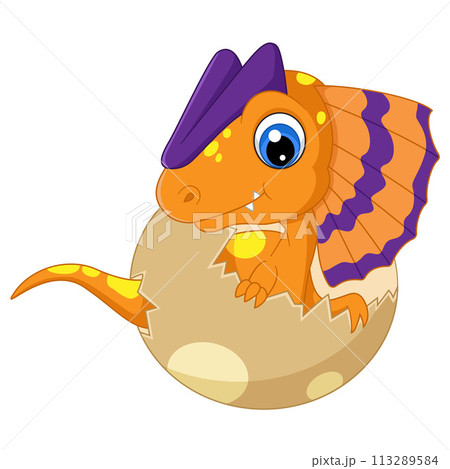 Cartoon baby dilaphosaurus hatching from egg of illustration 113289584
