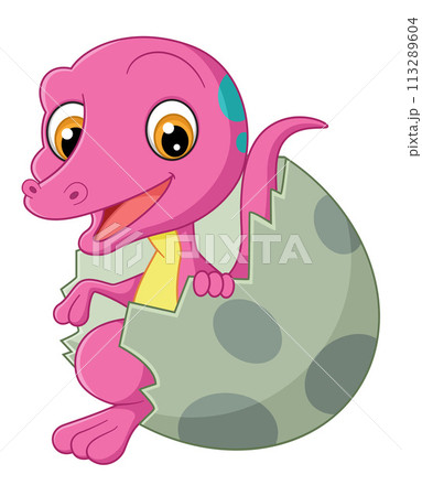 Cartoon baby veliciraptor hatching from egg of illustration 113289604