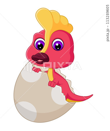 Cartoon baby corythosaurus hatching from egg of illustration Cartoon baby corythosaurus hatching from egg of illustration 113289605