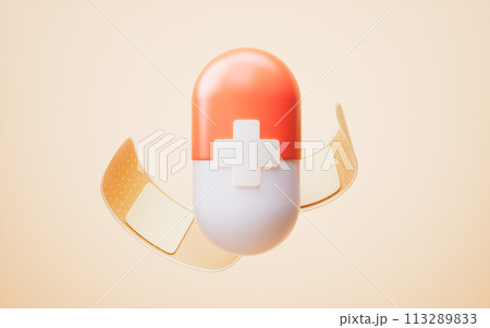Medical capsule and adhesive bandage, 3d rendering. 113289833