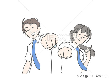 背中合わせでファイティングポーズをきめる制服の学生 113289888