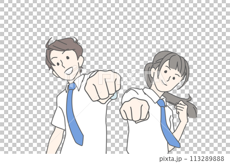 背中合わせでファイティングポーズをきめる制服の学生 113289888