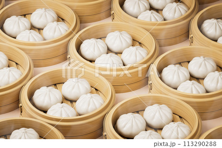 Chinese food baozi in food steamer, 3d rendering. 113290288