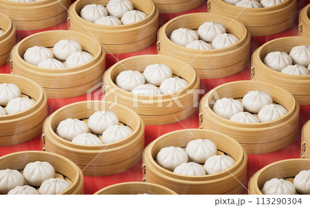 Chinese food baozi in food steamer, 3d rendering. 113290304