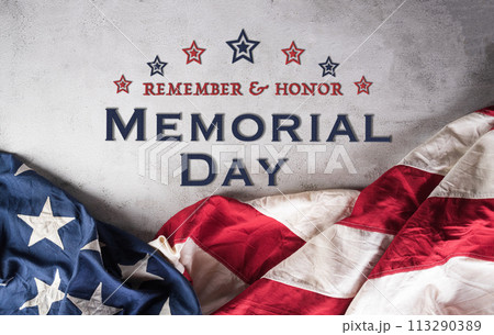 Happy Memorial day, Independence day concept made from american flag with the text on dark stone background. Happy Memorial day, Independence day concept made from american flag with the text on dark stone background. 113290389
