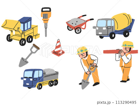 工事現場で働く人々や働く車、工事道具のイラストセット 113290495