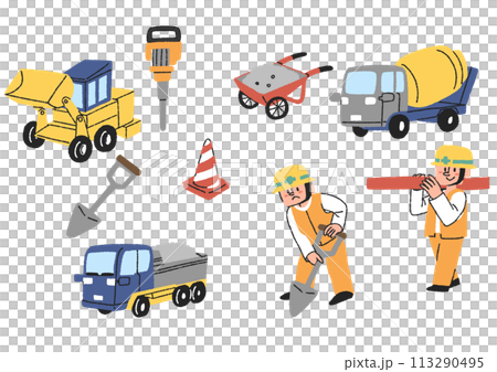工事現場で働く人々や働く車、工事道具のイラストセット 113290495