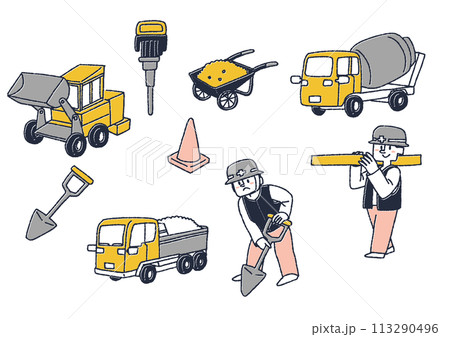 工事現場で働く人々や働く車、工事道具のイラストセット 113290496