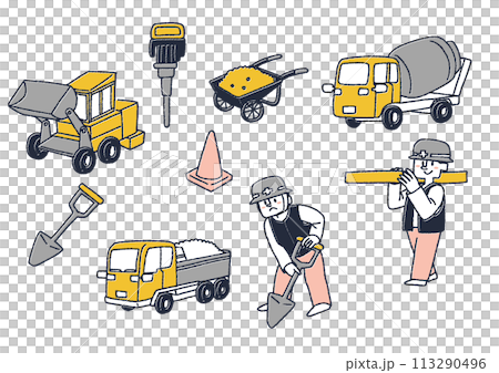 Illustration set of people working at a construction site, working vehicles and construction tools Illustration set of people working at a construction site, working vehicles and construction tools 113290496