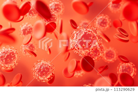 Virus and red blood cells, 3d rendering. 113290629