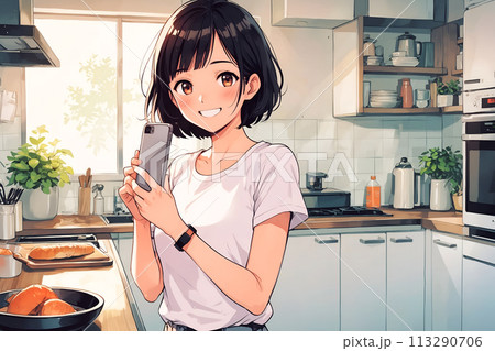 キッチンでスマホを使う女性　AI生成画像 113290706