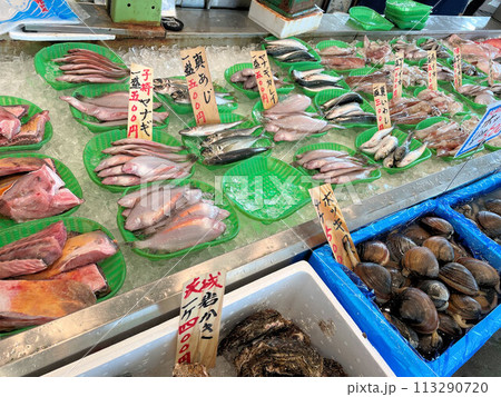 観光スポットの鮮魚市場で売られている色々な魚介類 113290720