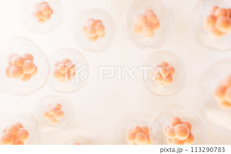 Transparent cell with biotechnology and cosmetic concept, 3d rendering. Transparent cell with biotechnology and cosmetic concept, 3d rendering. 113290783