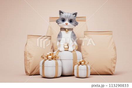 Little cat and brown blank paper package bag, 3d rendering. Little cat and brown blank paper package bag, 3d rendering. 113290833