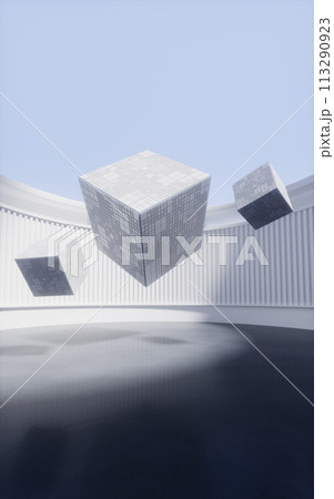 Cubes in a round room, 3d rendering. Cubes in a round room, 3d rendering. 113290923