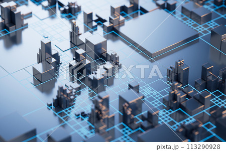 Metallic cube circuit board, 3d rendering. Metallic cube circuit board, 3d rendering. 113290928