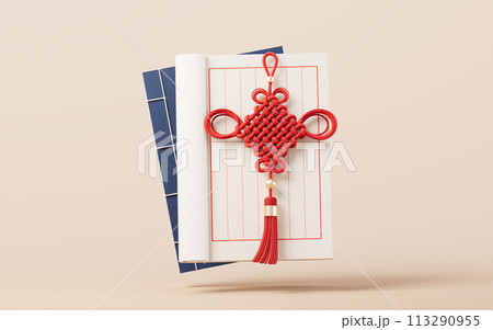 Ancient Chinese book and Chinese knot handicraft, 3d rendering. 113290955