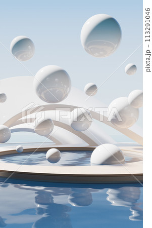 Floating balls and water surface background, 3d rendering. Floating balls and water surface background, 3d rendering. 113291046