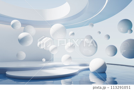 Floating balls and water surface background, 3d rendering. 113291051