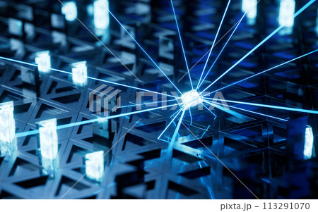 Digital circuit board with glowing neon lines, 3d rendering. 113291070